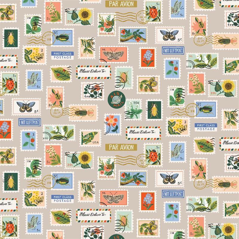 Botanical Postage Stamps in Khaki - Metallic Curio by Rifle Paper (1/4 yard)