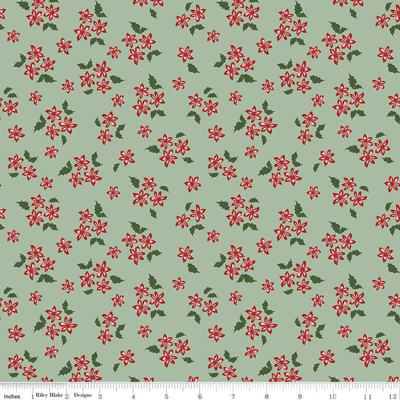 Fabric Riley Blake Barn Sage Floral Mistletoe & Holly by the Quarter Yard C16405-SAGE