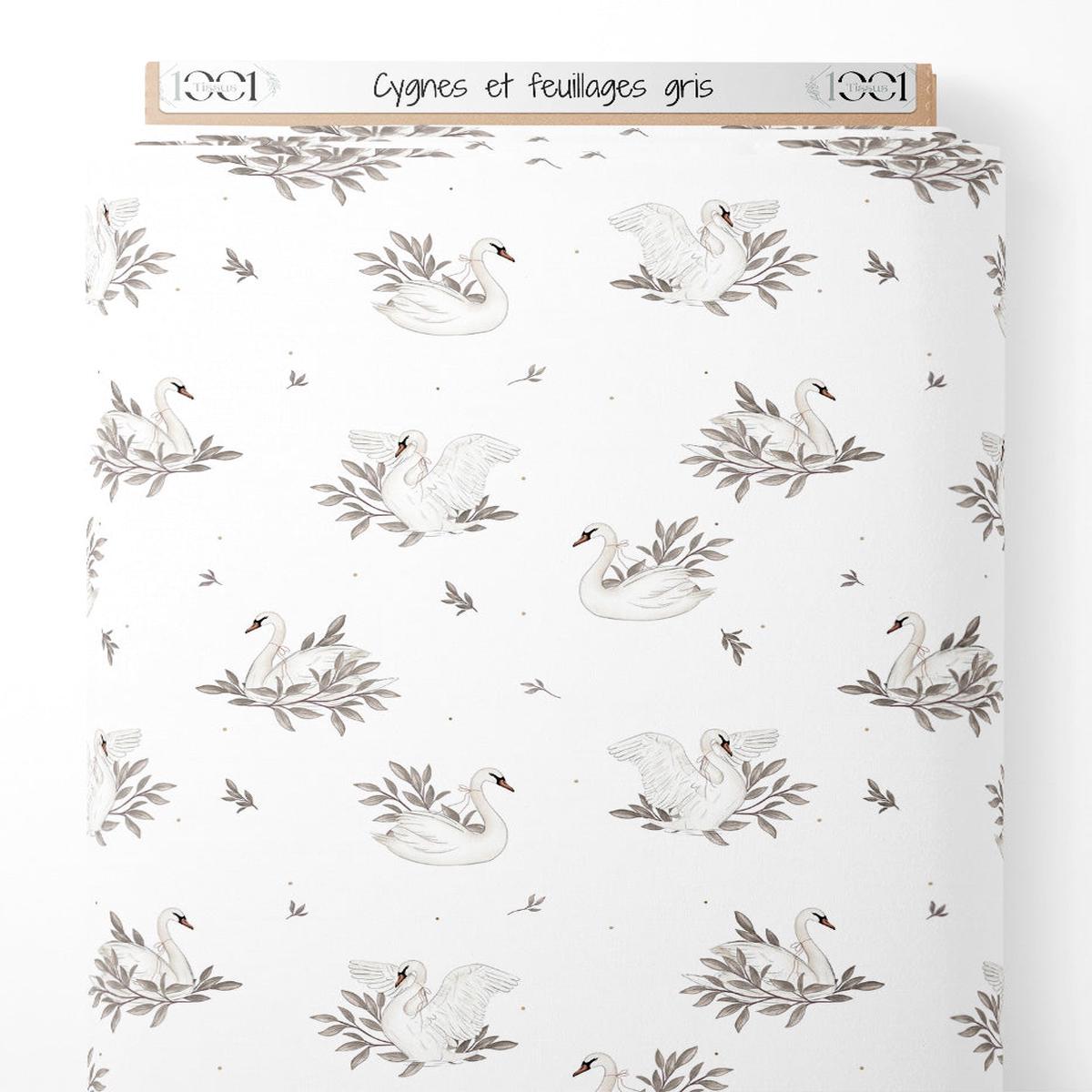 Tissu - Cygnes et feuillages gris