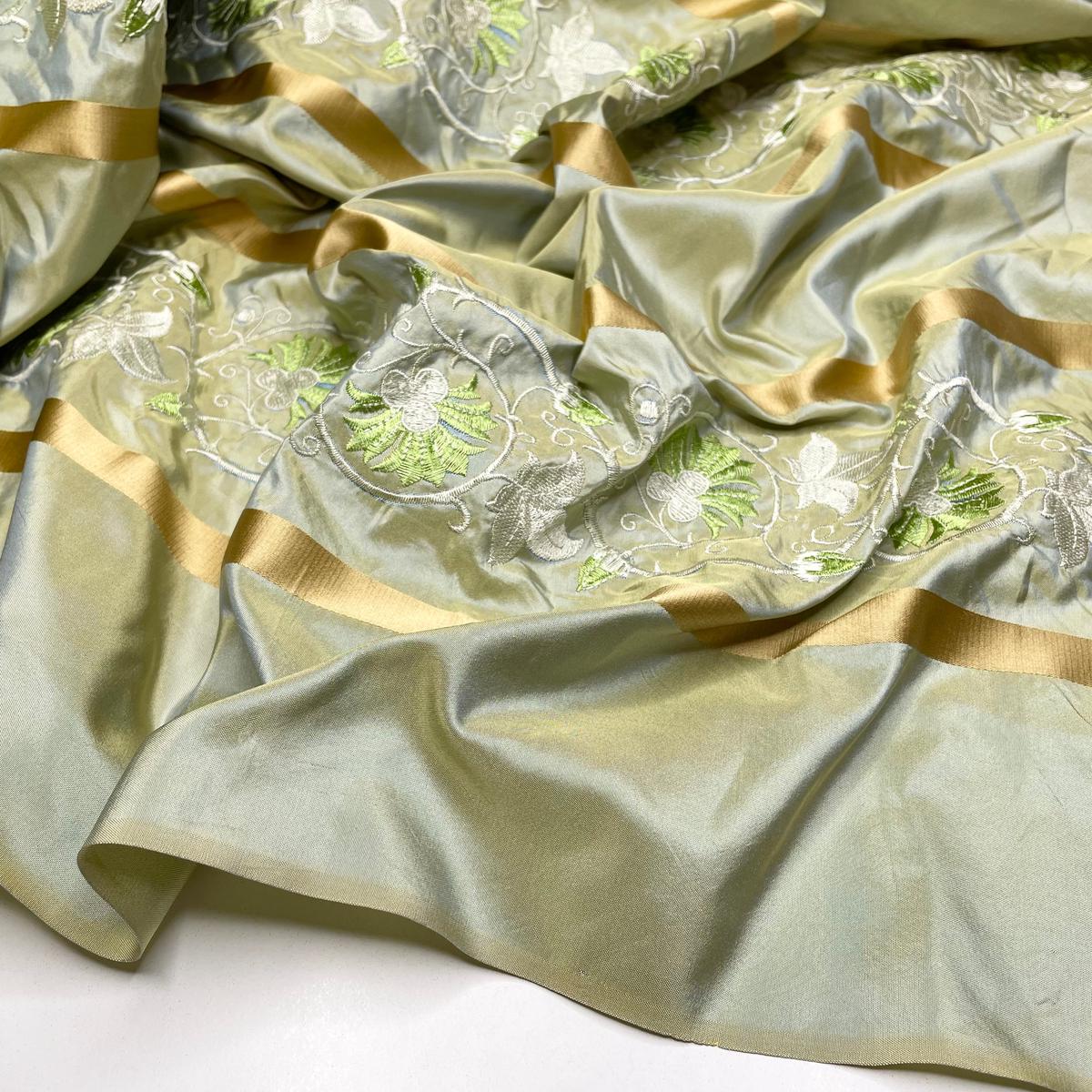 UB - Fancy Cupcakes - Embroidery Taffeta Silk Blend Woven - Light Green Multi Floral Stripes - 1/2 Meter
