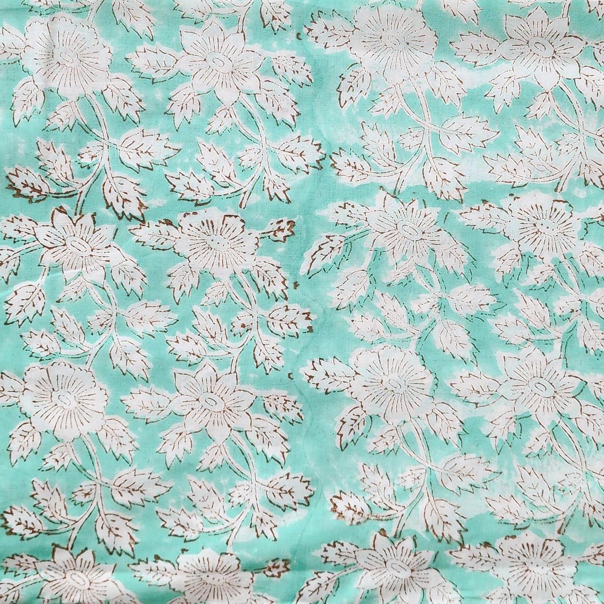 Pure Cotton Jaipuri Sea Green With White Flowers With Brown Outline Border Hand Block Print Fabric