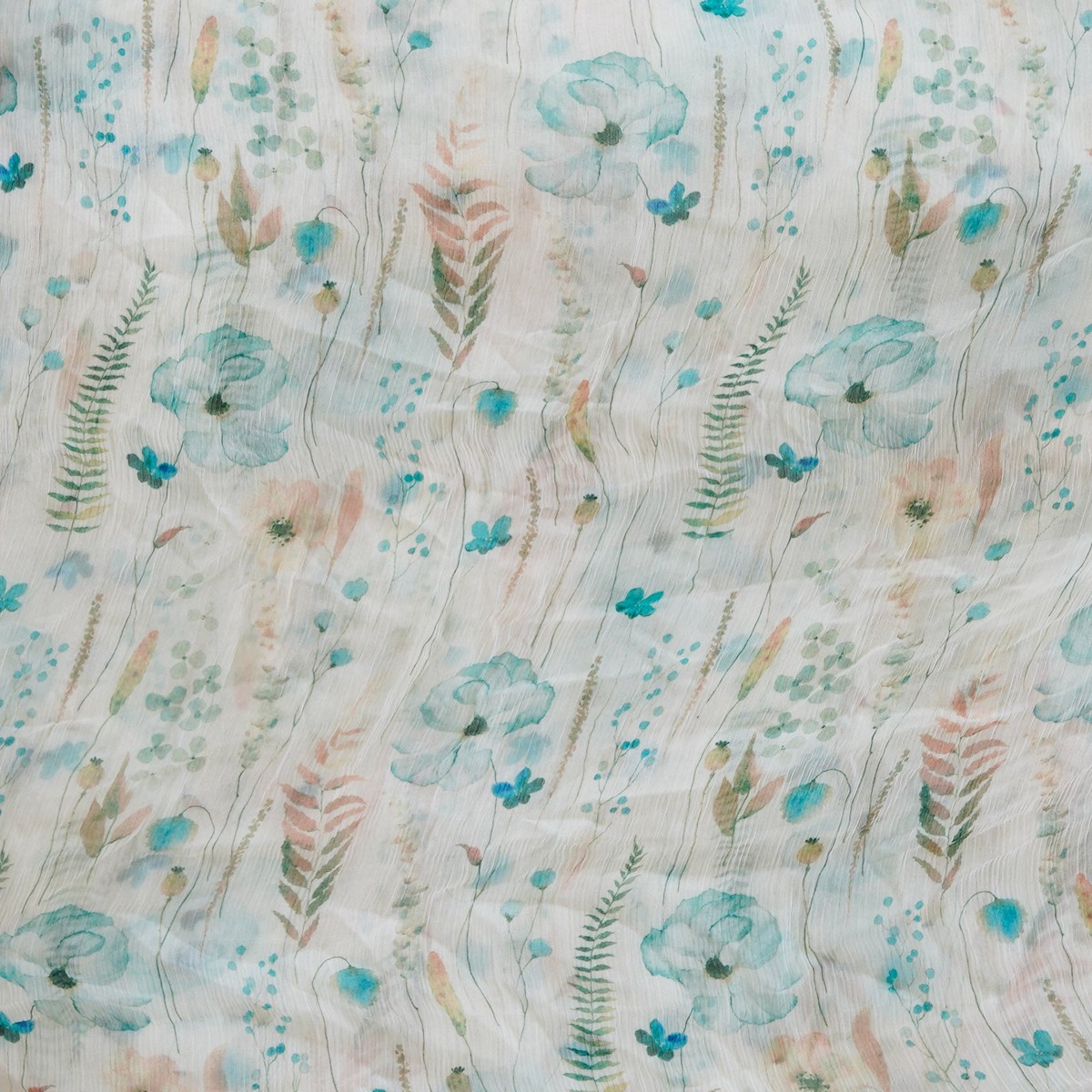 Pure Chiffon White With Blue Flower Creeper Fabric