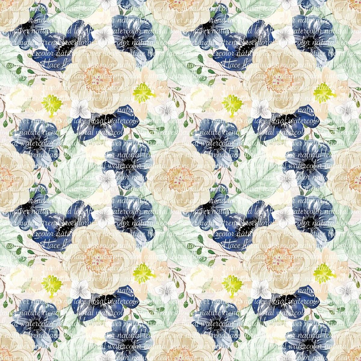 Indigo Blue Text on Floral Bouquets Fabric - Multi