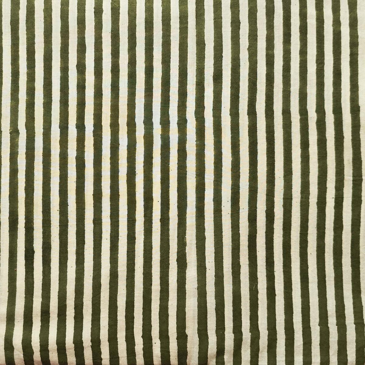 Pure Cotton Bagru Cream With Green Big Stripes Hand Block Print Fabric
