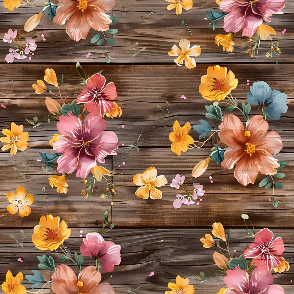 Spring Floral on Wood Planks Pattern 7 Fabric