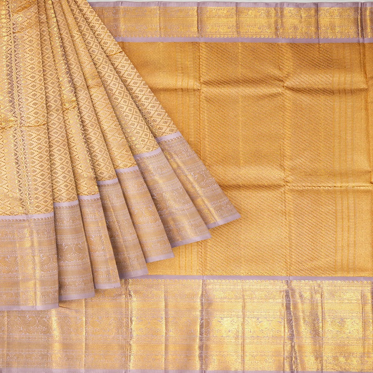 Kanchipuram Silk Tissue Criss Cross Checks And Butta Gold Saree
