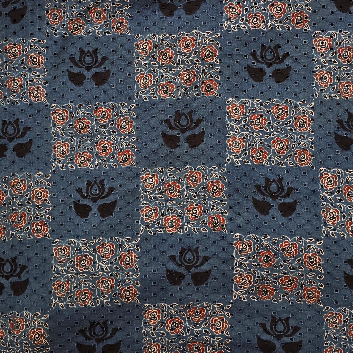 Pure Cotton Hakoba Ajrak Blue With Different Block Design Hand Block Print Fabric