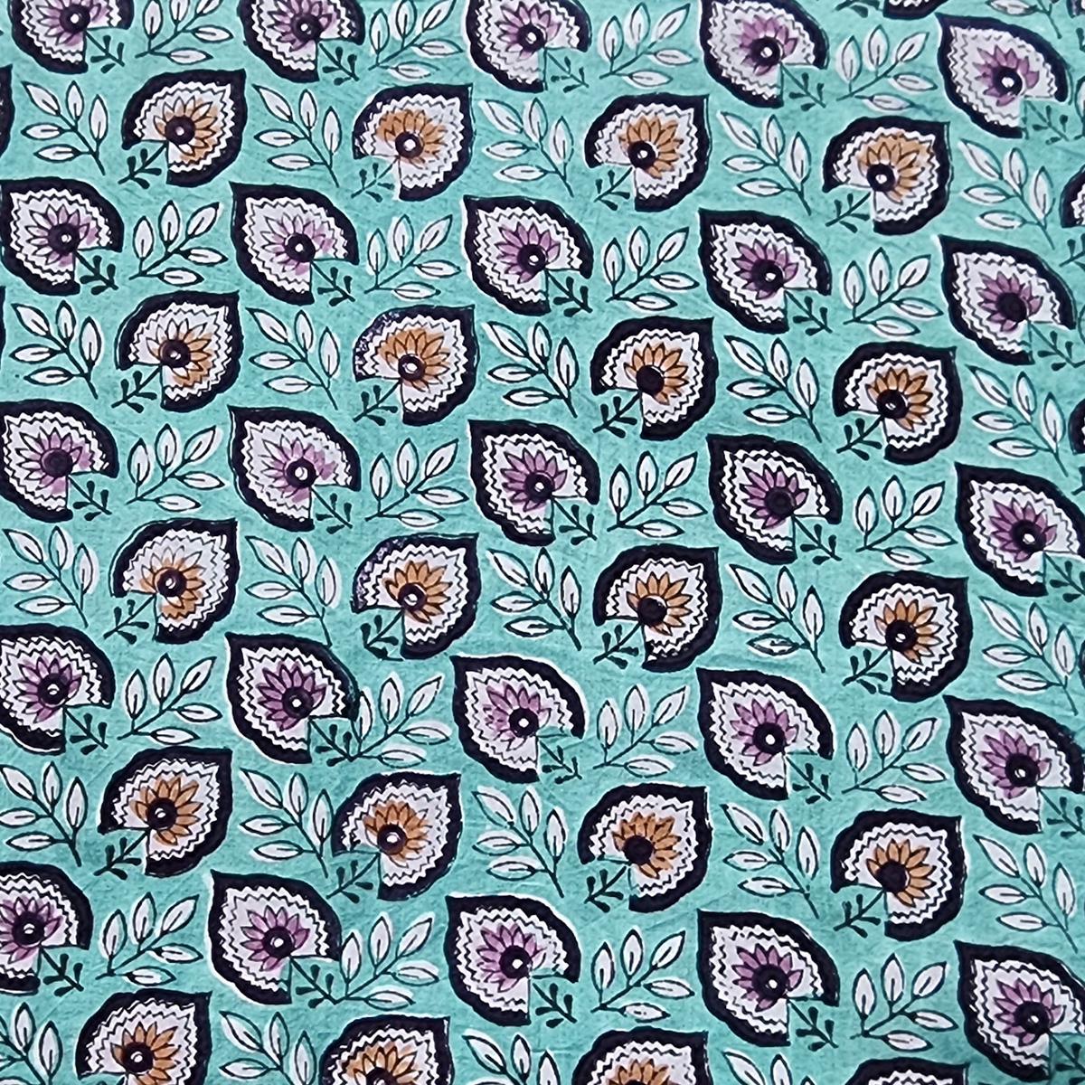 Pure Cotton Jaipuri Sea Blue With Purple Leaves Motif Hand Block Print Fabric