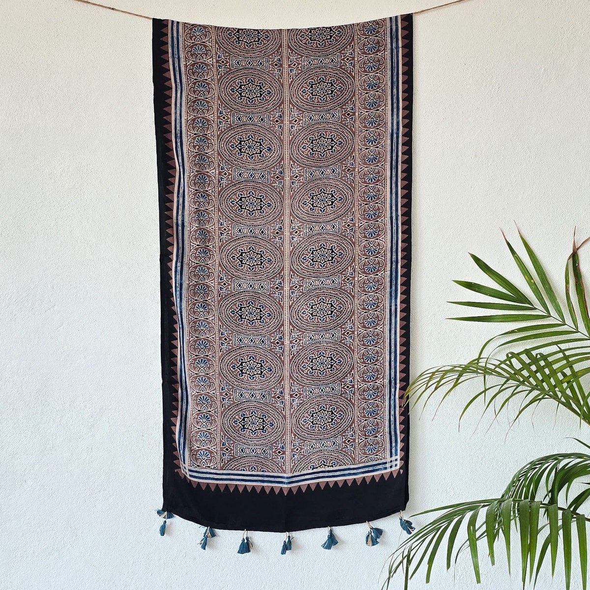 Modal Silk Ajrak Black With Light Brown Intricate Design And Border Design Stole