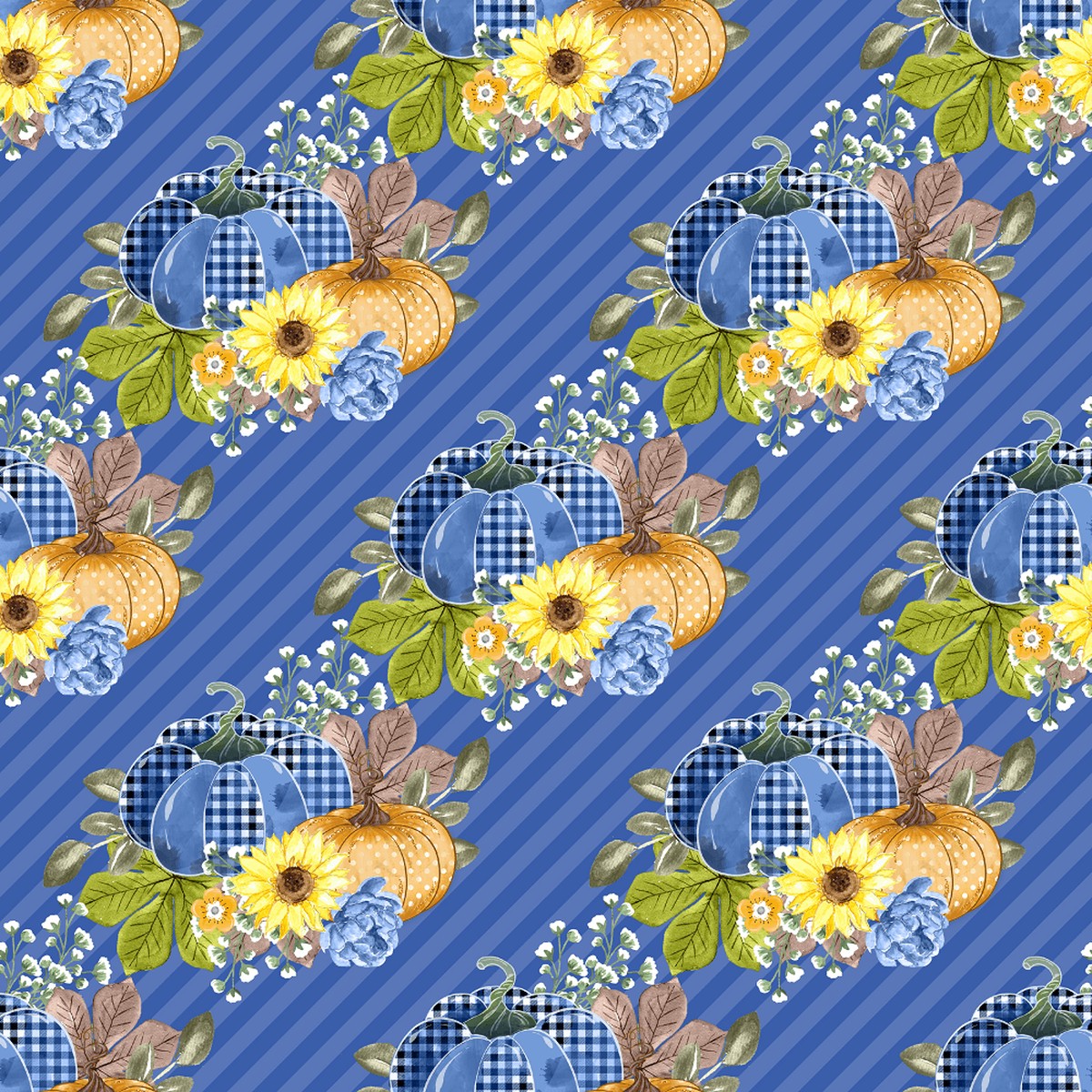 Decorative Pumpkins Diagonal Stripes Fabric - Blue