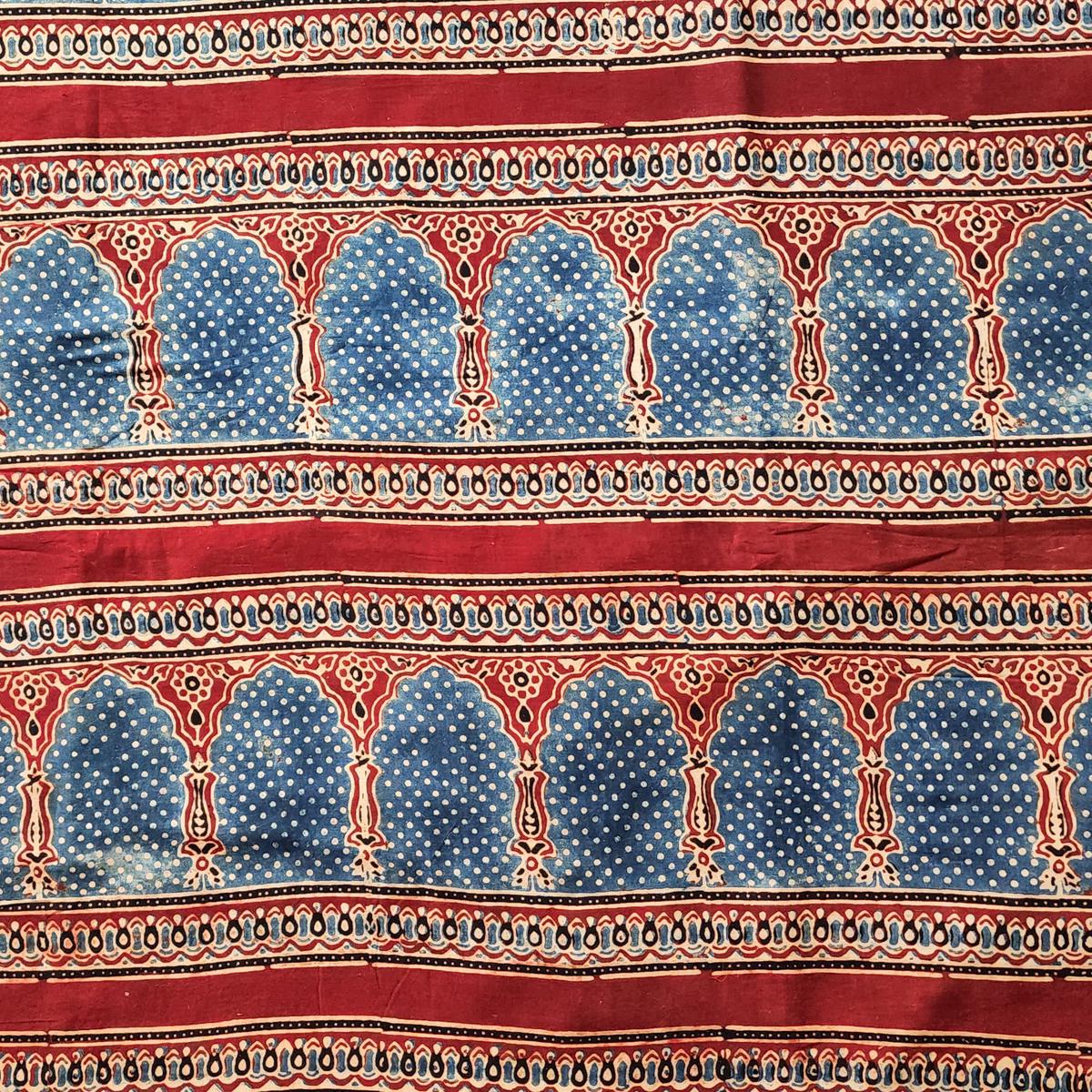 Pure Cotton Gad Ajrak Red With Blue mahal Window Border Hand Block Print Fabric