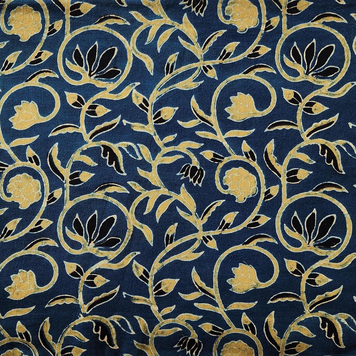 Pure Cotton Double Ajrak Blue With Green Flower Jaal Hand Block Print Fabric
