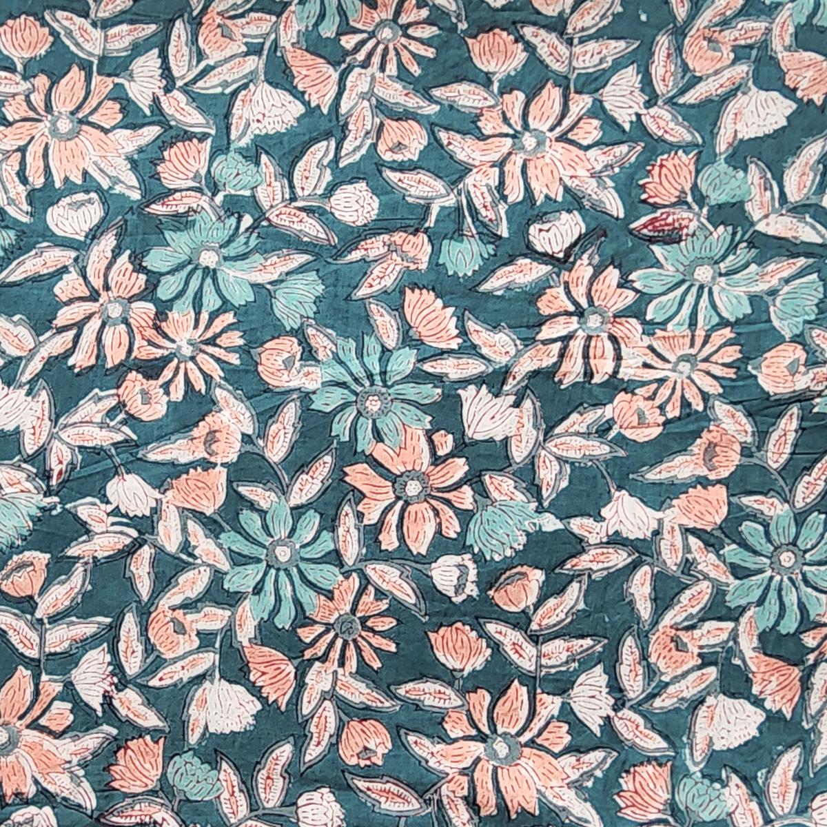 Pure Cotton Jaipuri Teal With Orange Flower Jaal Hand Block Print Fabric