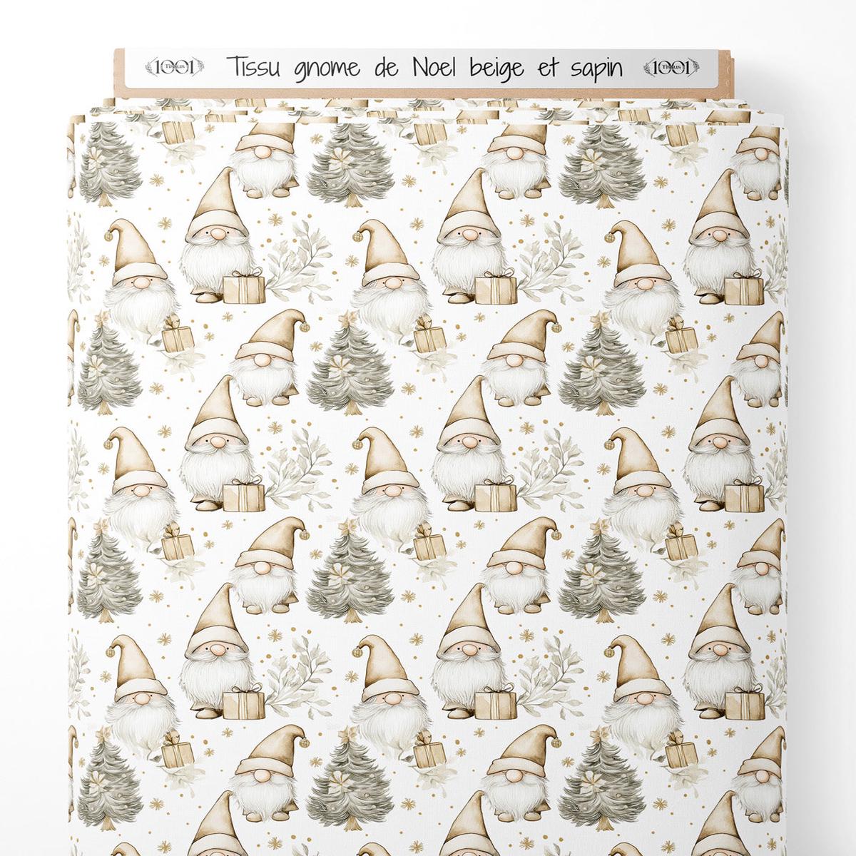 Tissu - gnome de Noel beige et sapin
