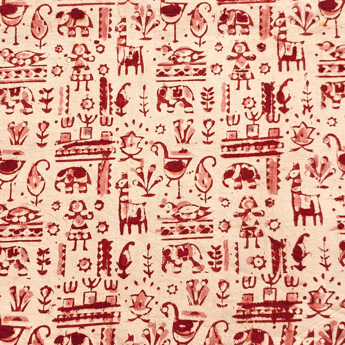 Pure Cotton Kalamkari Cream With Red Warli Design Hand Block Print Fabric