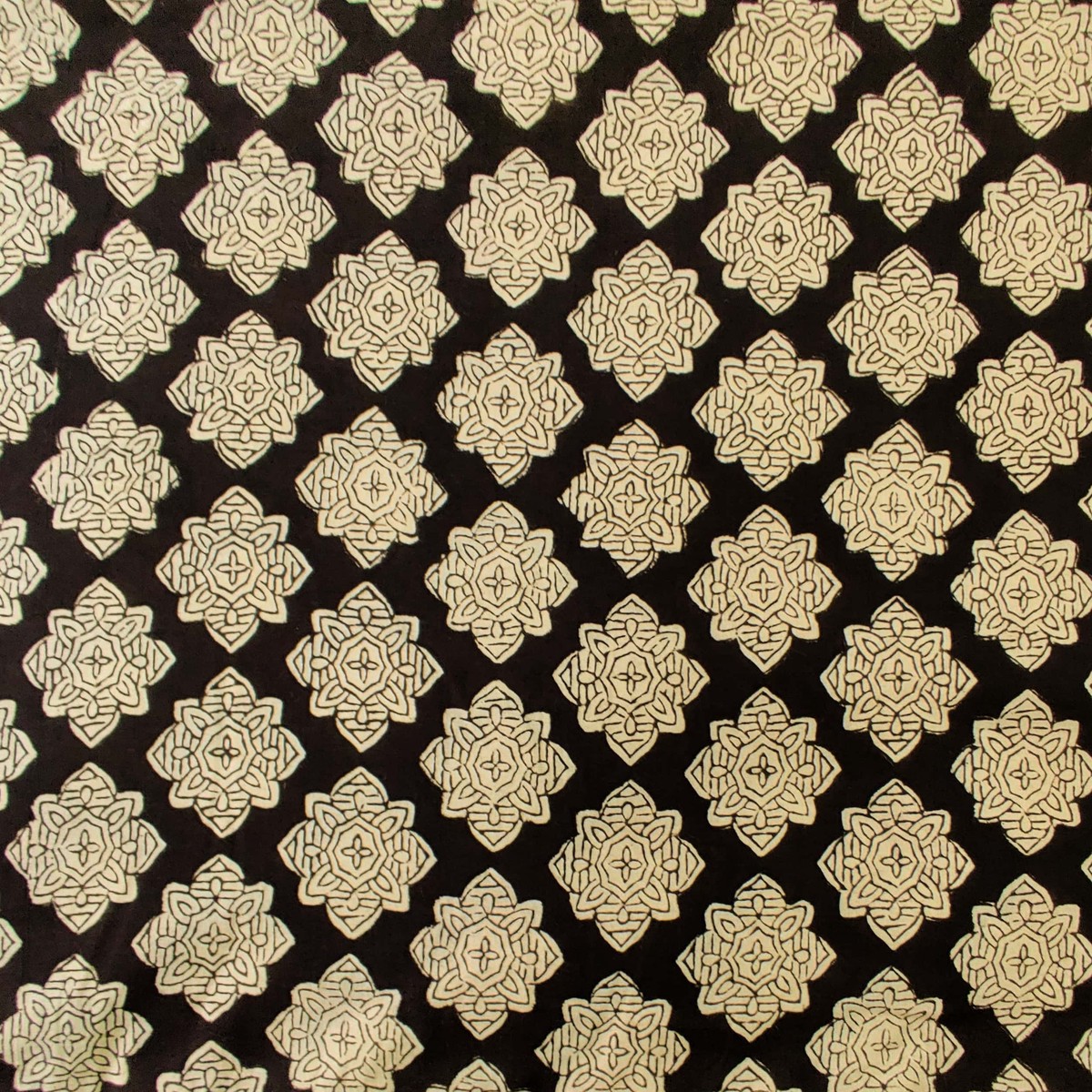 Pure Cotton Bagru Black With Vedic Flower Hand Block Print Fabric