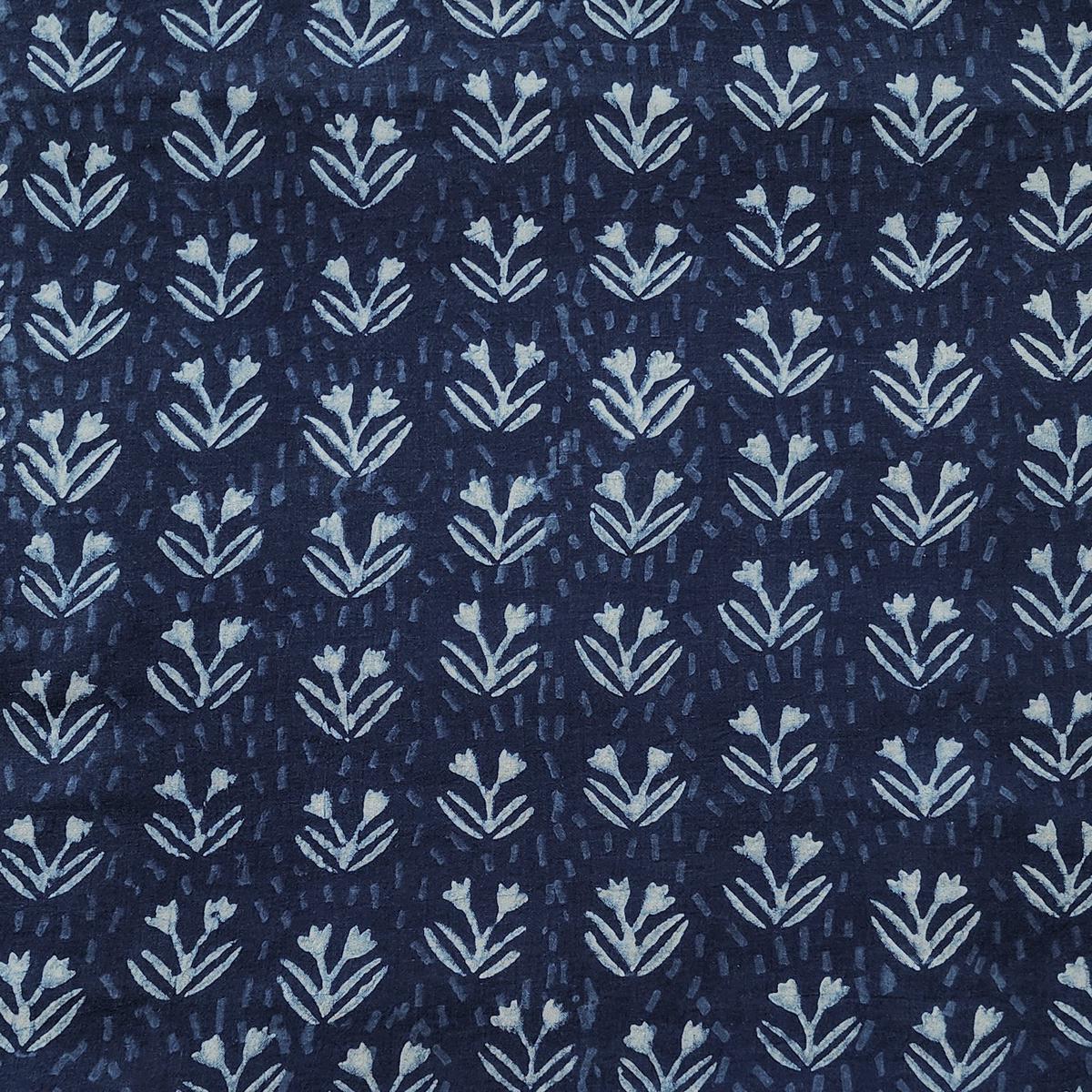 Pure Cotton Akola Indigo With White Tiny Flower Motif Hand Block Print Fabric