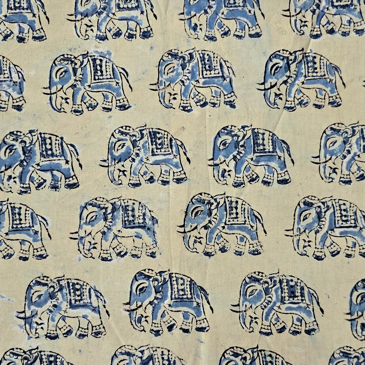Pure Cotton Kalamkari Cream With Blue Elephant Motif Hand Block Print Fabric
