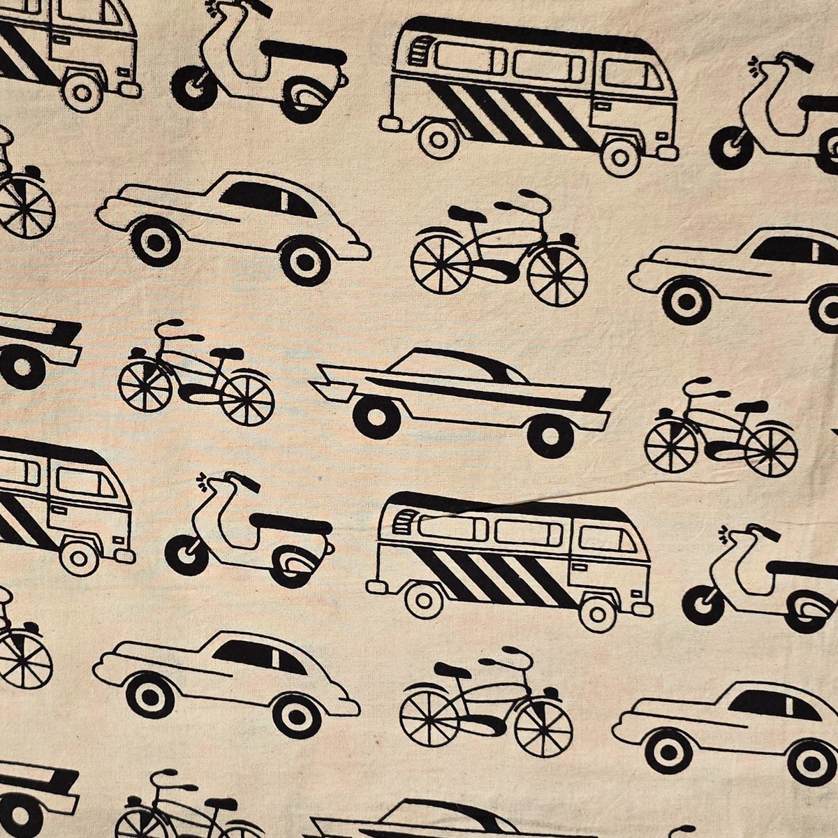 Pure Cotton Ajrak Cream With Black Different Types Of Vehicles Hand Block Print Fabric