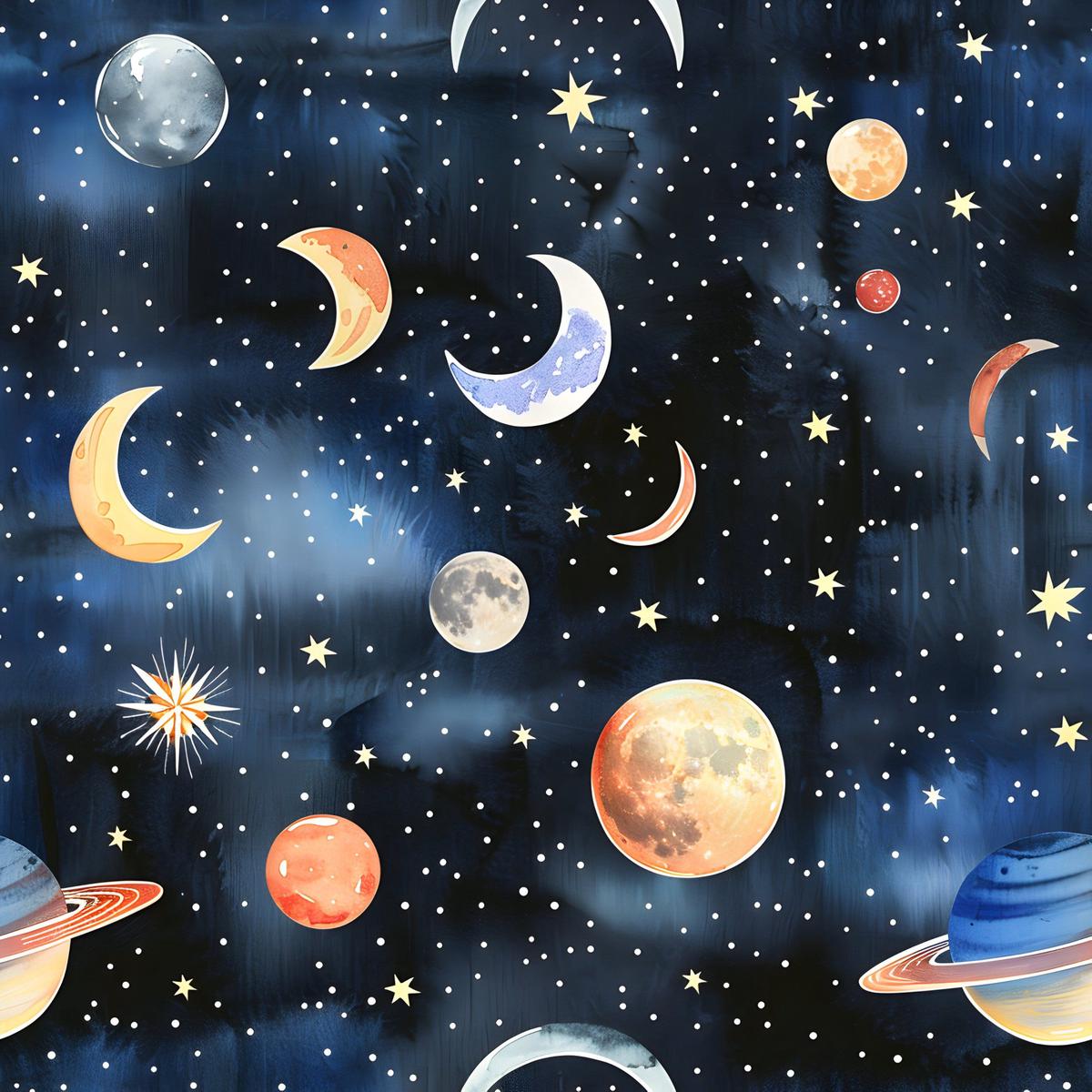 Watercolor Space Sky Moon Stars Pattern 15 Quilting Cotton Fabric