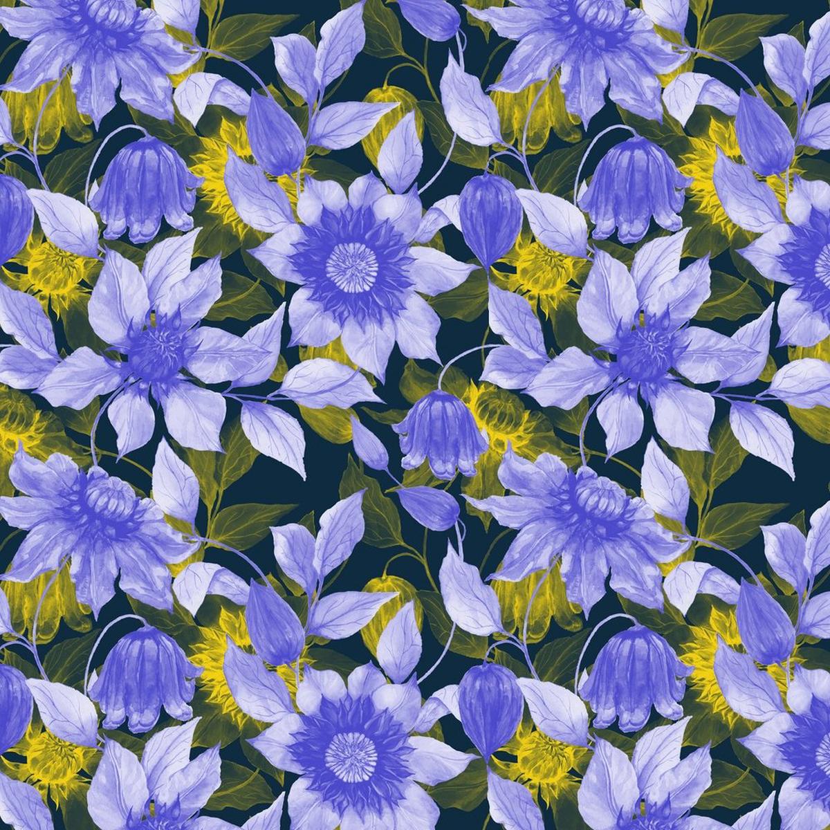 Clematis Flowers Fabric - Purple