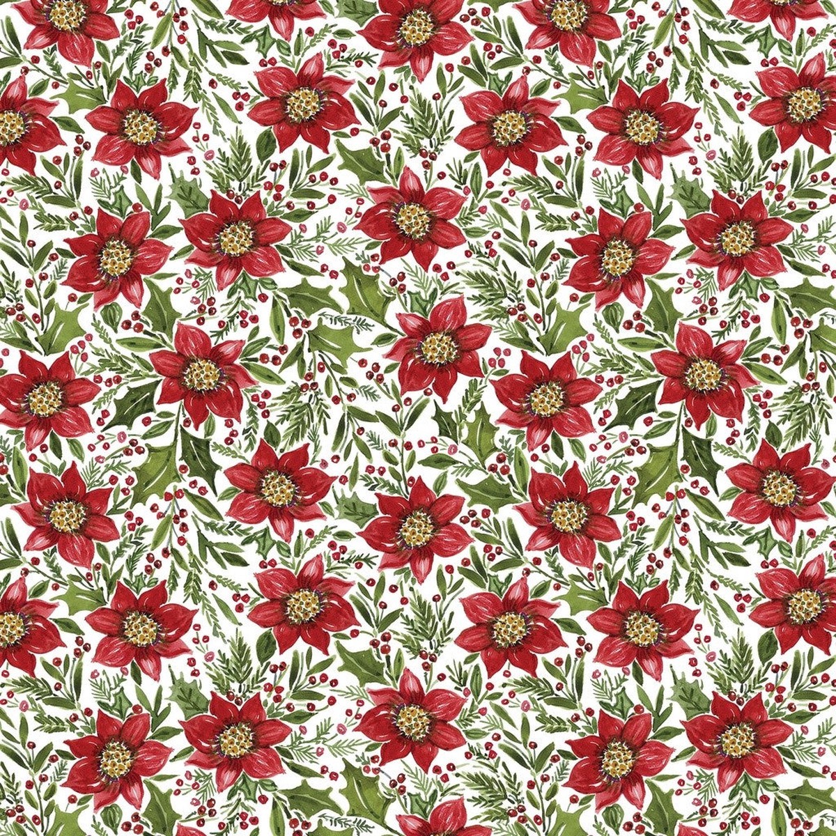 White Owl Textiles - Snowy Greetings - Susan Winget - W105-034-036 / Poinsettia and Holly-White