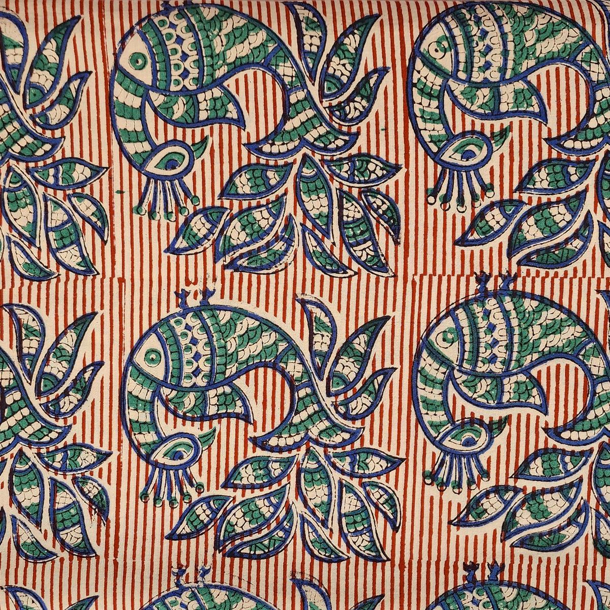 Pure Cotton Bagru Cream With Red Stripes And Big peacock Motif Hand Block Print Fabric
