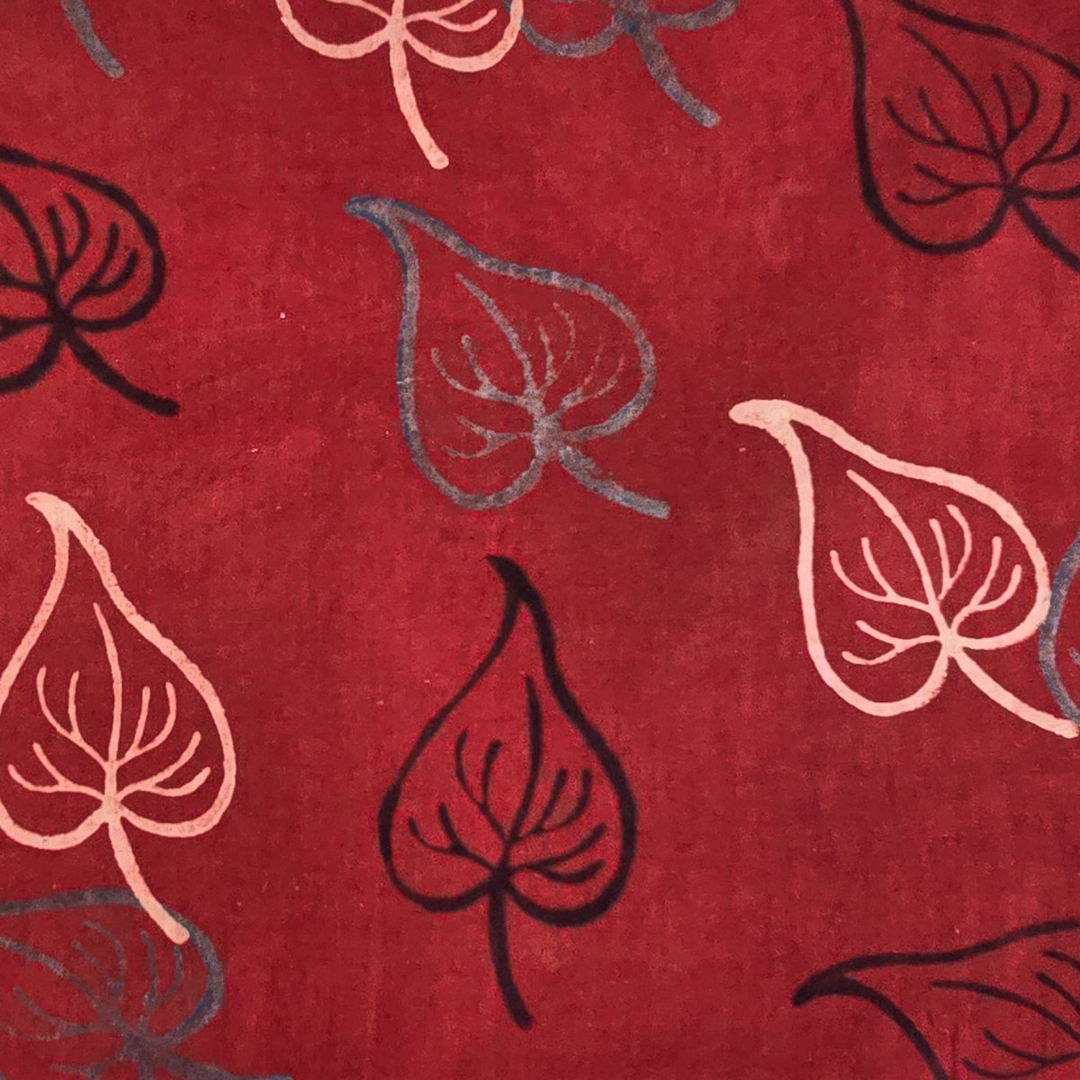 Pure Cotton Ajrak Rust Red With Blue And Black With Cream Leaves Motif Hand Block Print Fabric
