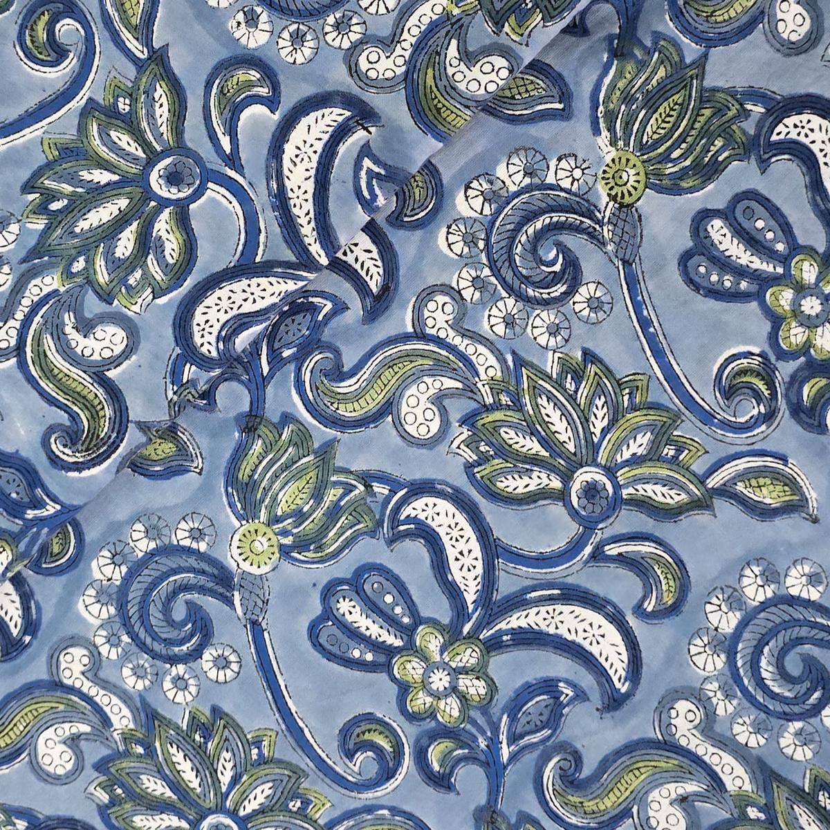 Pure Cotton Jaipuri Blue With Dark Blue And Green Flower Jaal Hand Block Print Fabric