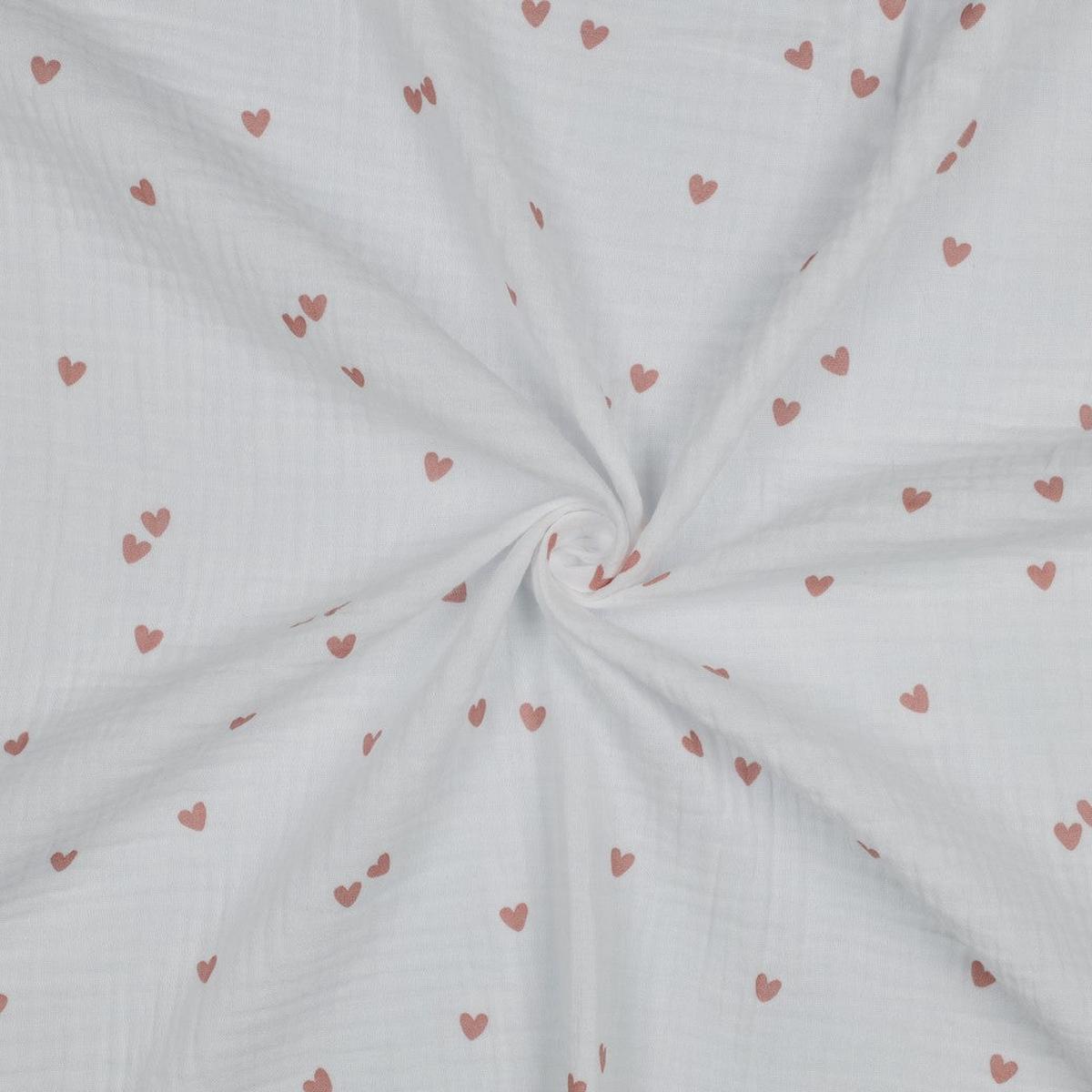 Double gauze - small pink hearts on white background certified oeko-tex (price for 10cm)