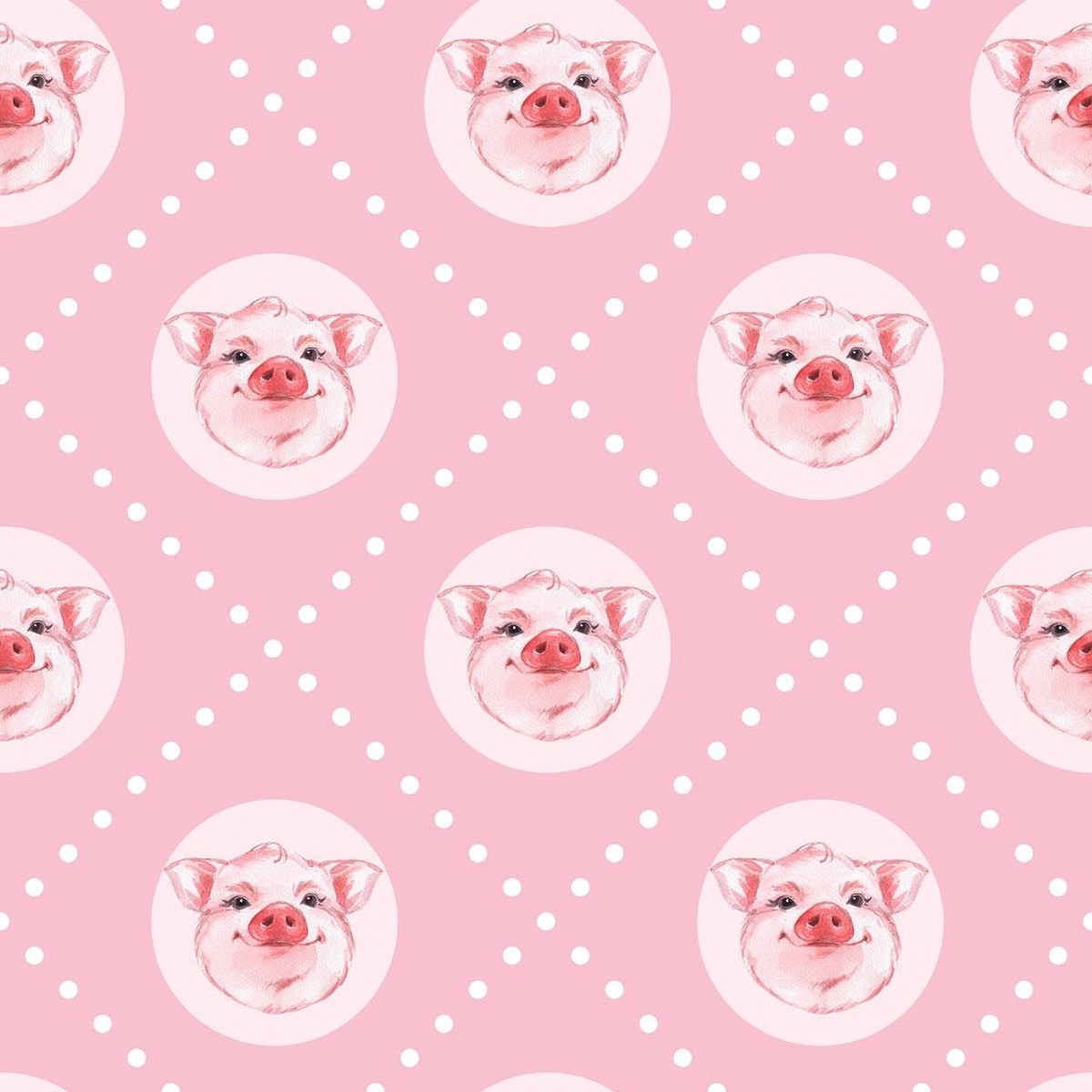 Watercolor Pig Faces on Diagonal Dots Fabric
