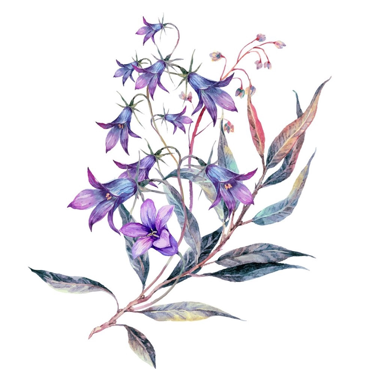 Watercolor Wildflower Bouquet Fabric Panel - Purple