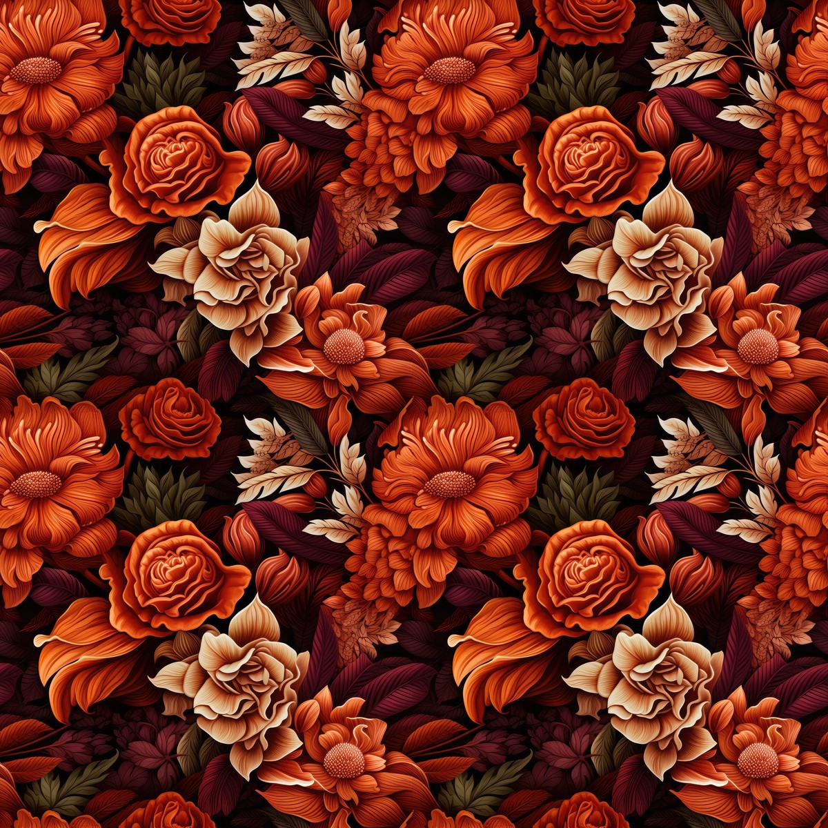 Burnt Orange Maroon Floral Fabric