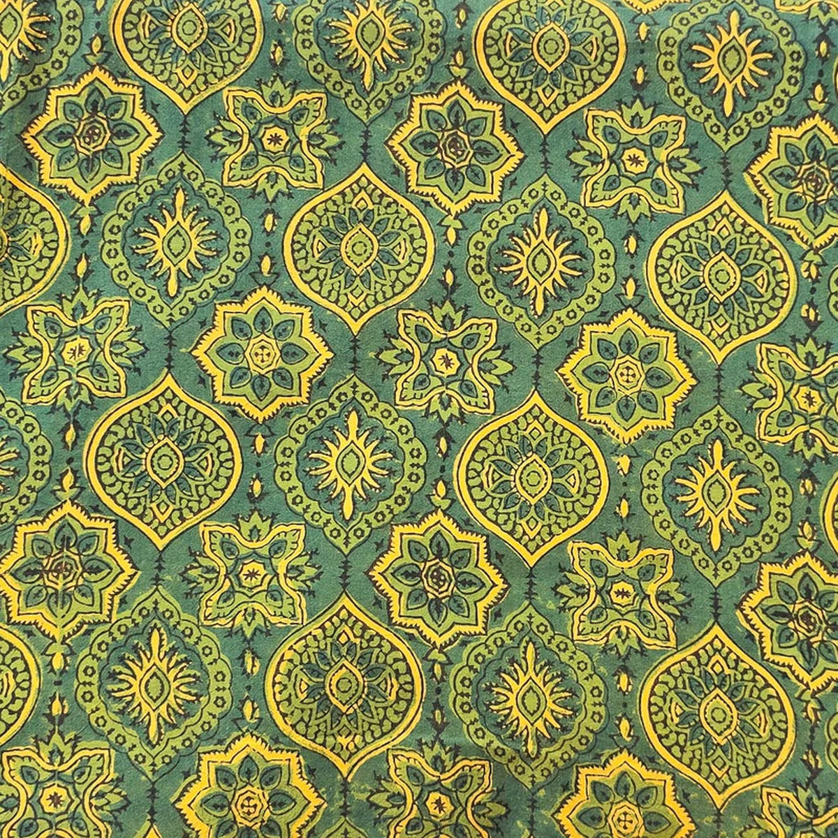 Pre-Cut 1 Meter Pure Cotton Gad Ajrak Green With Yellow Intricate Design Hand Block Print Fabric