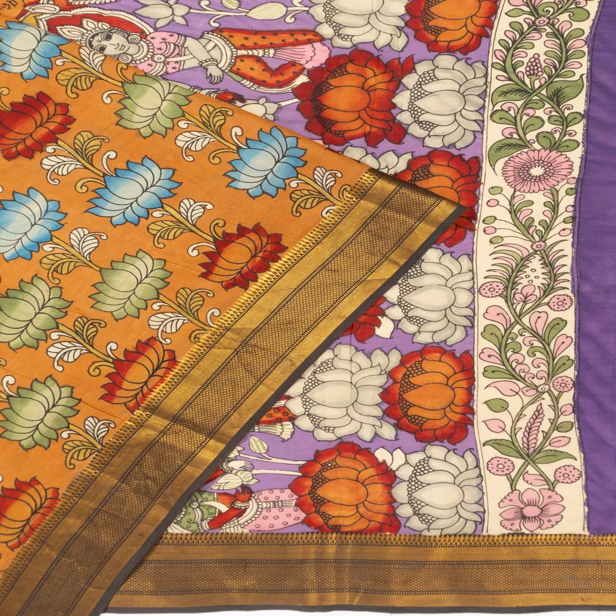 Kanchipuram X Kalamkari Silk Hand Painted Orange Saree