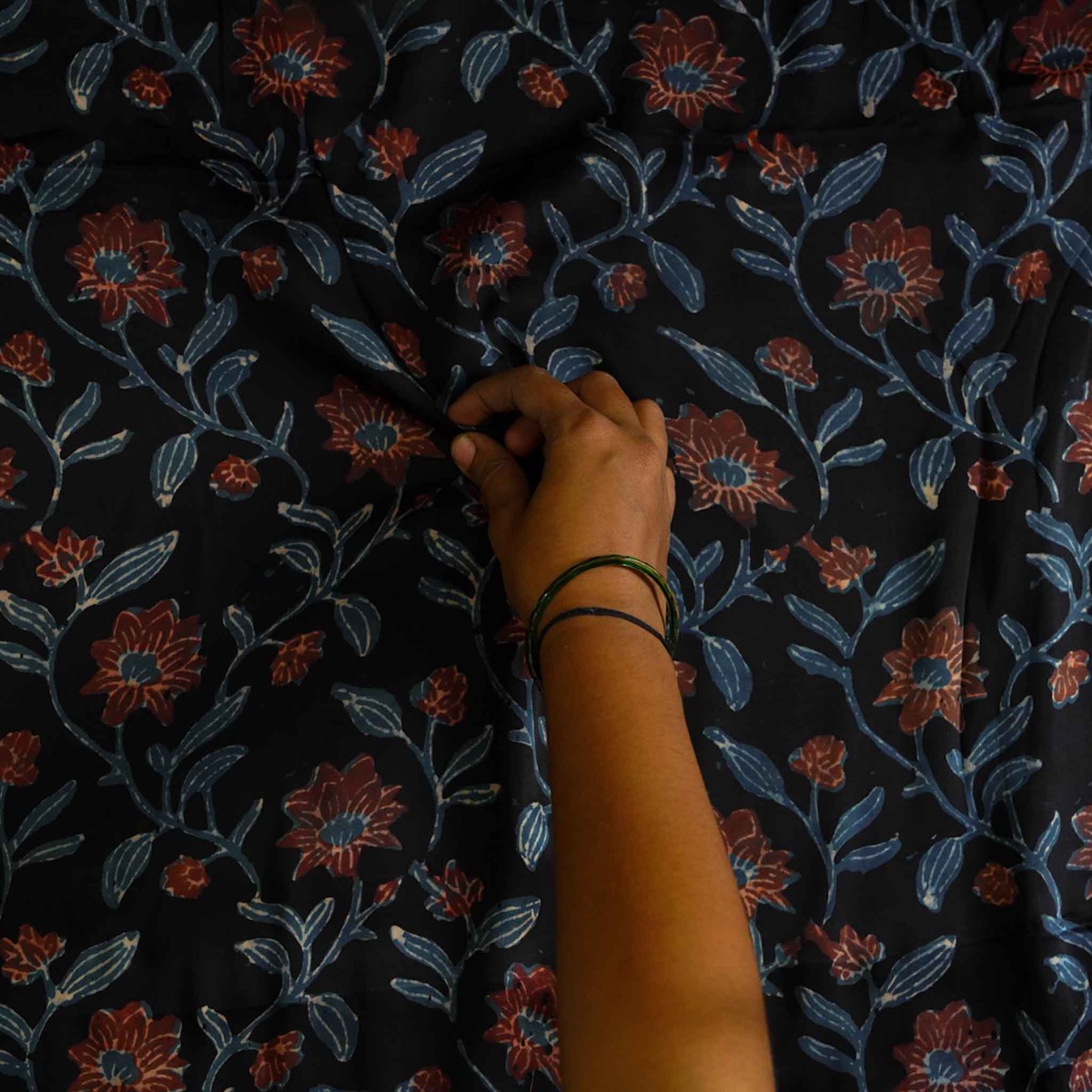 Modal Silk Vanaspati Dull Black With Maroon Blue Floral Jaal Hand Block Print Fabric