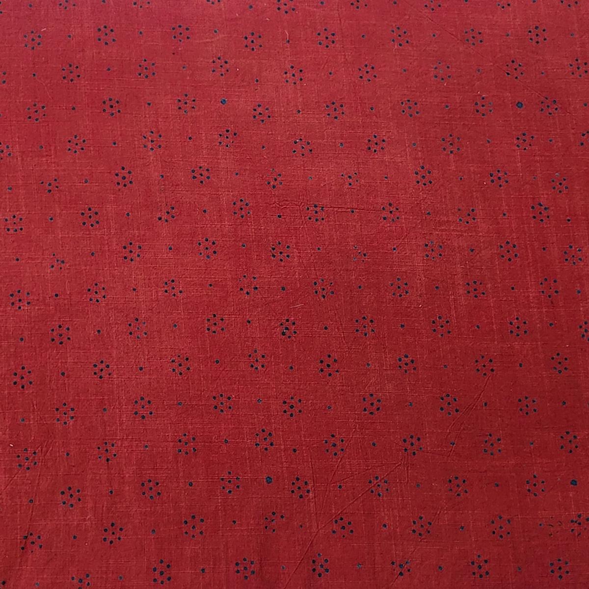 Pure slub Cotton Ajrak Rust Red With Blue Tiny Dots Flower Hand Block Print Fabric