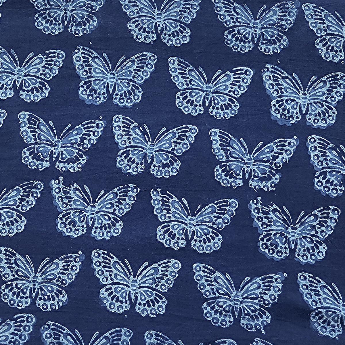 Pure Cotton Akola Indigo With Butterfly Motif Hand Block Print Fabric