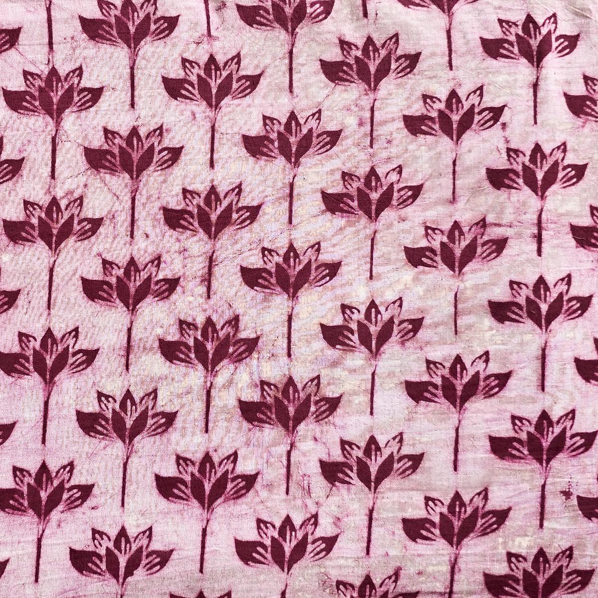 Pure Cotton Dabu Mauve With White Lotus Creeper Hand Block Print Fabric