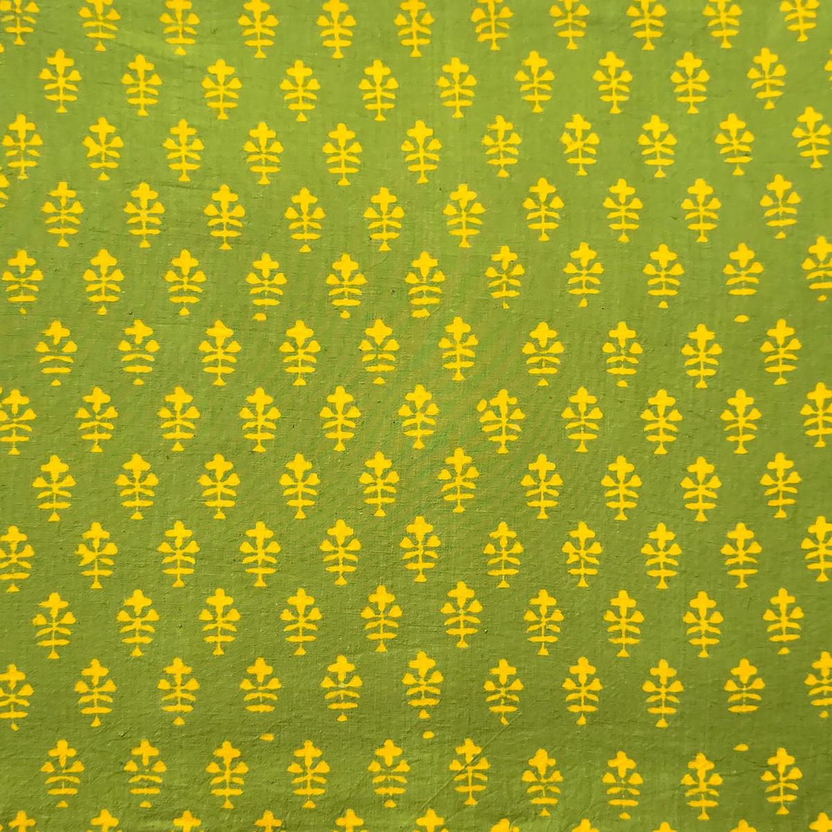 Pure Cotton Gamthi Green With Yellow Flower Motif Hand Block Print Fabric