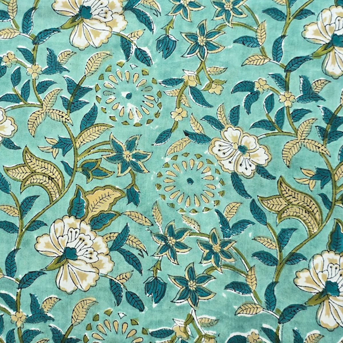 Pure Cotton Jaipuri Sea Green With Flower Jaal Hand Block Print Fabric