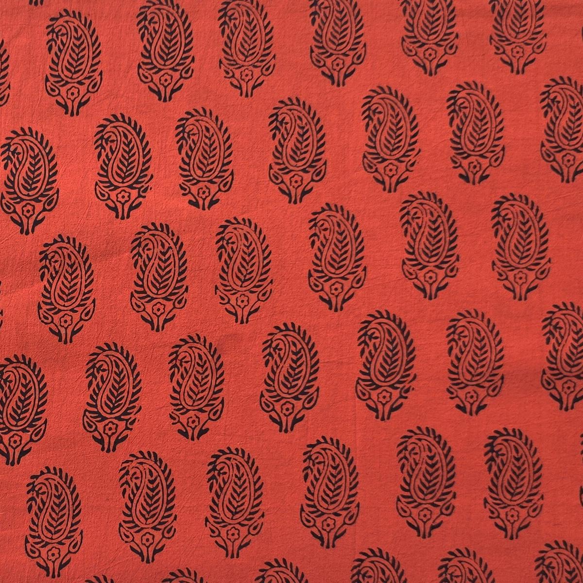Pure Cotton Bagh Orange And Black Small Kairi With Border Hand Block Print Fabric