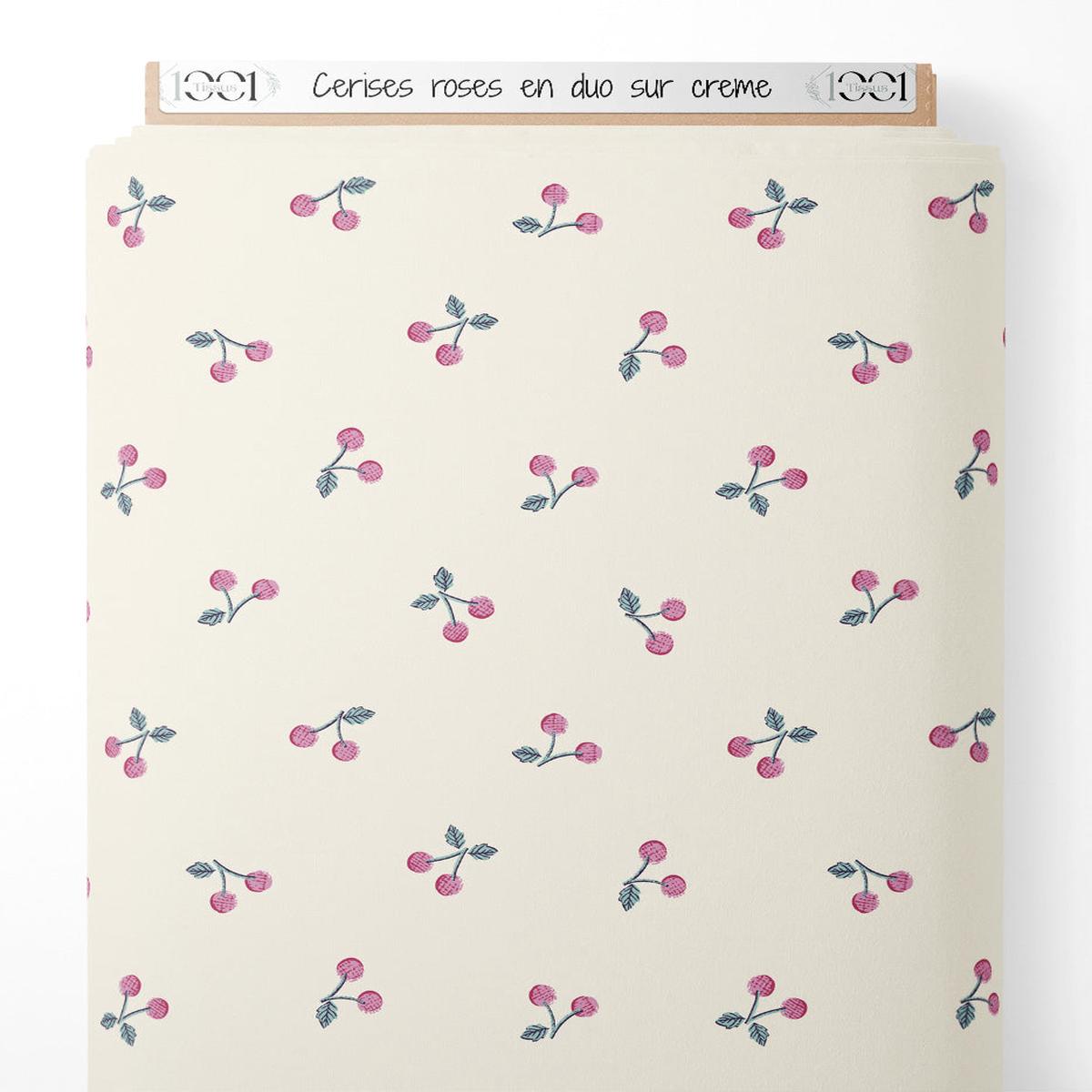 Tissu - Cerises roses en duo sur crme