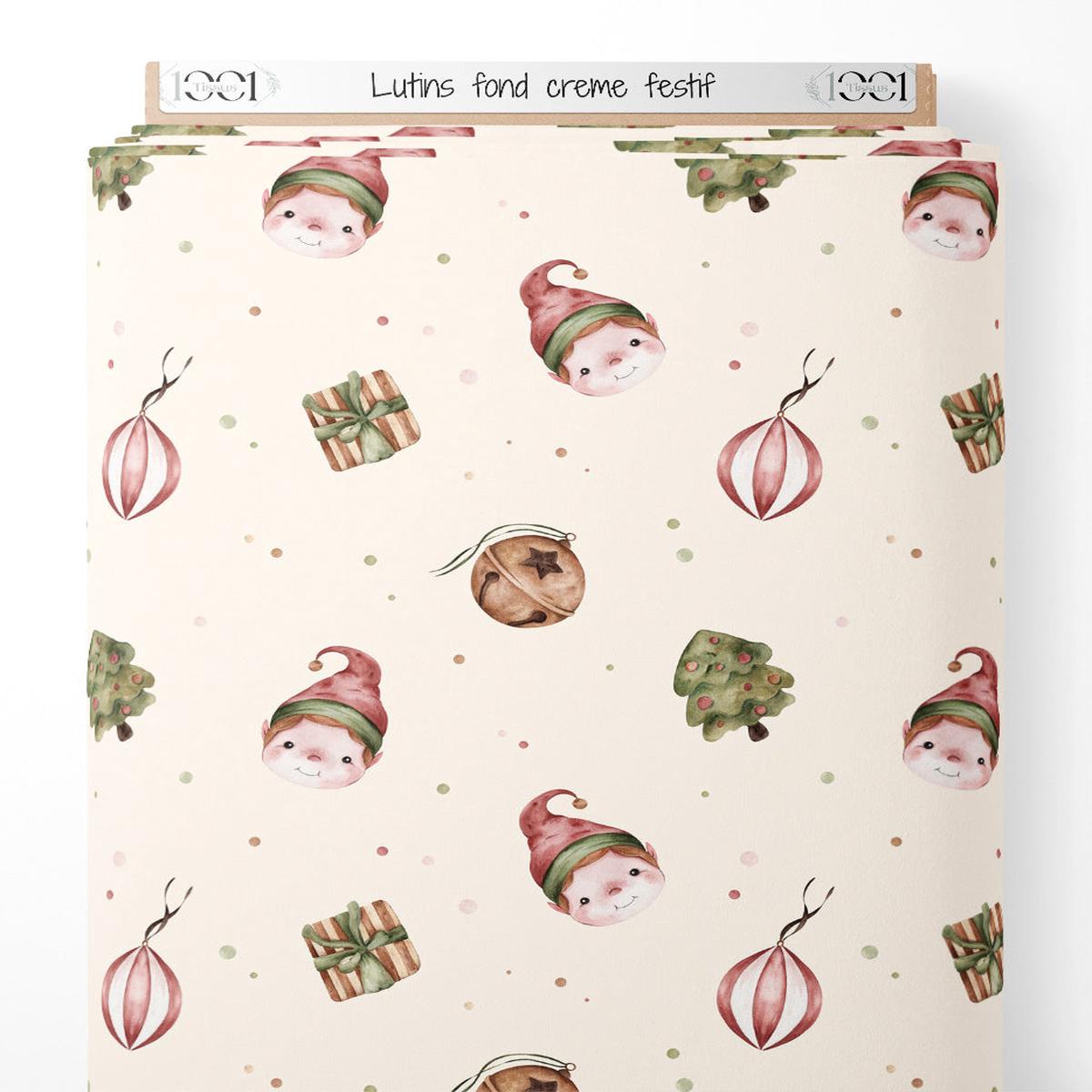 Tissu - Lutins sur fond crme festif