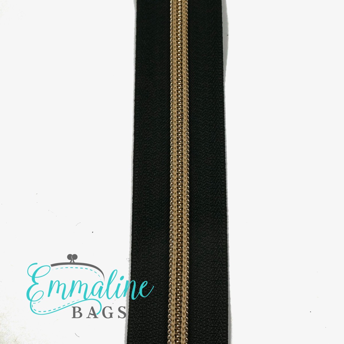 Emmaline #5 Zips By the Yard Black with Antique Brass 10 yards
