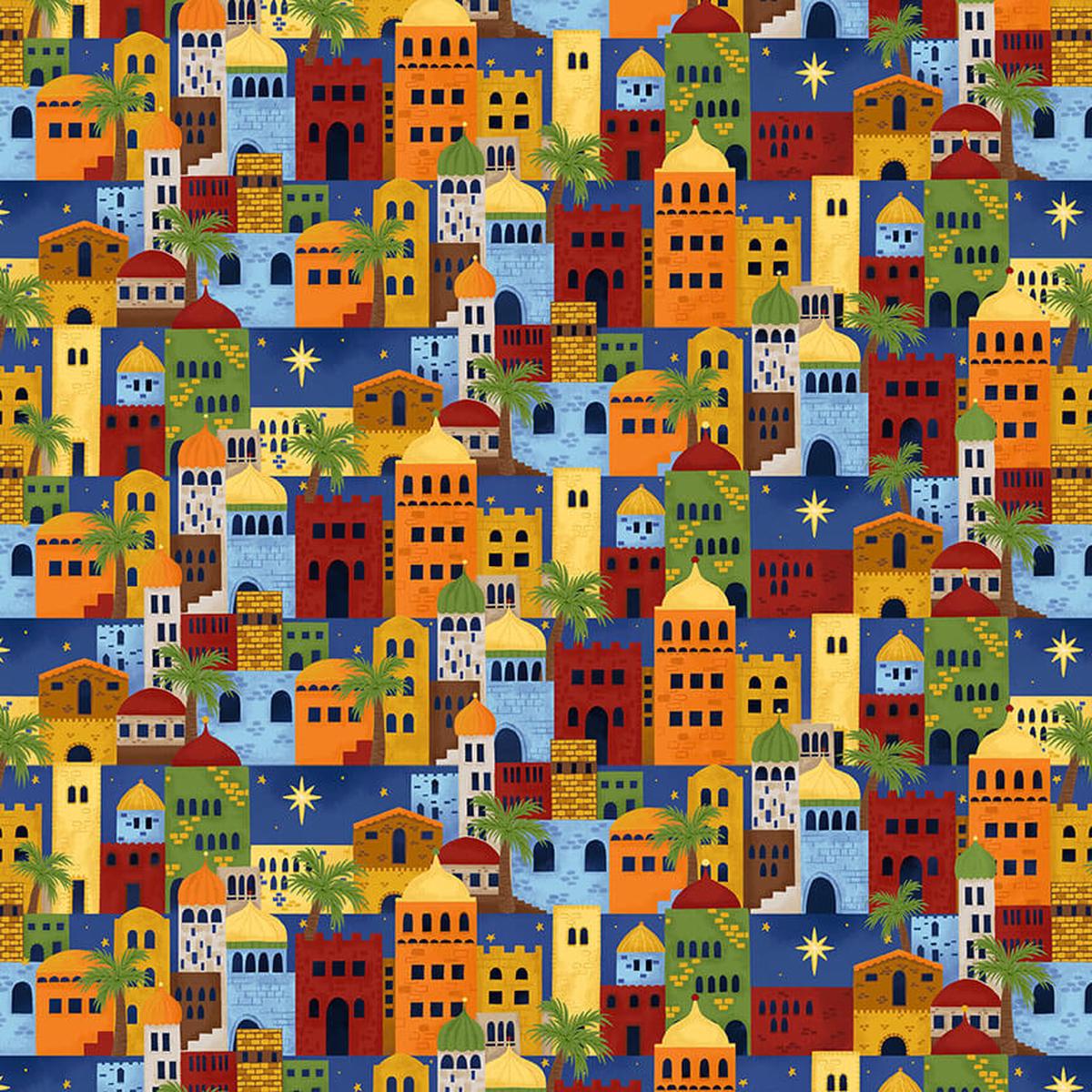 Away in a Manger - Allover Buildings - Blue 44" / 45" Fabric Per Yard