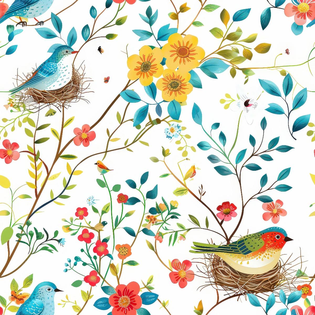 Birds Nest and Flowers Pattern 9 Quilting Cotton Fabric