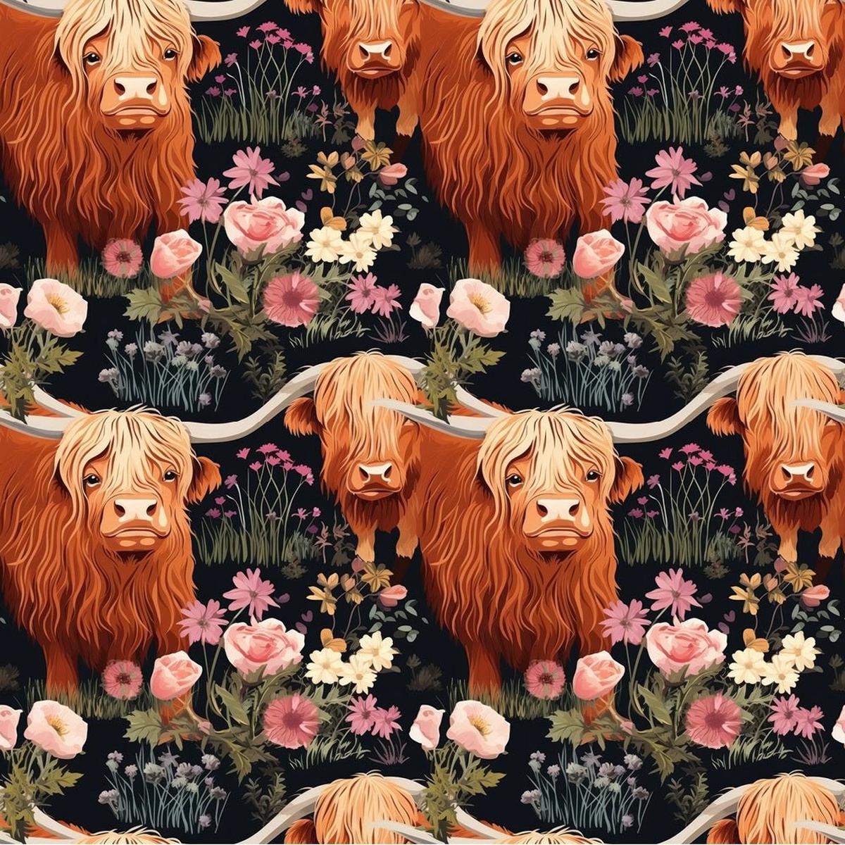 Floral Highland Cows Pattern 6 Fabric