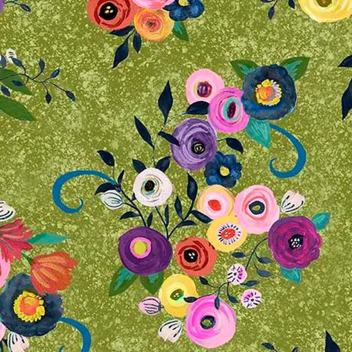 Green Olive Watercolor Floral Toss Cotton 4445 Fabric Per Yard