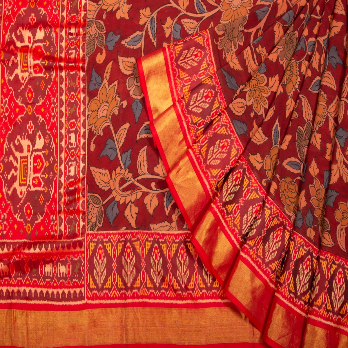 Kalamkari Silk Maroon Saree With Attached Ikat Border
